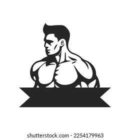 Elegant black and white logo with the image of a Muscled man. Good for the gym.