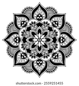 Elegant black and white Mandala art intricate floral design.