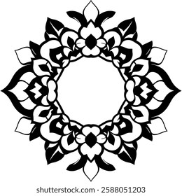 Elegant Black and White Mandala: Circular Floral Pattern Design, Symmetrical Ornament, Decorative Vector Art, Vintage Geometric Background