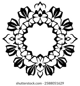 Elegant Black and White Mandala: Circular Floral Pattern Design. Perfect for decoration, print, and digital use. Ornamental and symmetrical artwork.