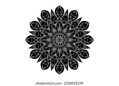 Elegante design mandala preto e branco com detalhamento fino e simetria em um fundo branco