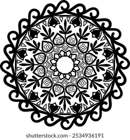  Elegante preto e branco Mandala Design, Floral e geométrica simetria para arte terapia, meditação, colorir páginas, 
Padrões decorativos, arte étnica e projetos de relaxamento
