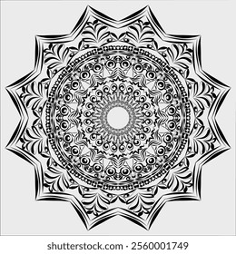 Elegant black and white mandala design with intricate floral and geometric patterns. This symmetrical artwork features a detailed radial layout, perfect for  coloring pages, tattoos, digital art 