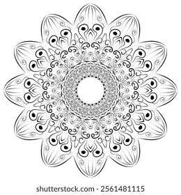 Elegant black and white mandala design featuring intricate floral and paisley-inspired patterns. The symmetrical artwork radiates a sense of balance and harmony, making it ideal for coloring books, 