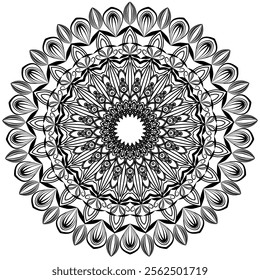 Elegant black and white mandala design featuring intricate petal and floral patterns arranged in a harmonious radial composition. This detailed artwork is perfect for use in coloring books, meditation