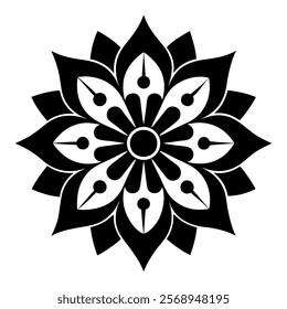 Elegant black and white mandala design featuring intricate floral patterns and symmetrical details. Perfect for coloring books, decorative art, logos, tattoos, and digital projects.