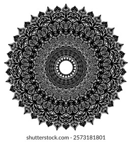 Elegant black and white mandala design featuring intricate patterns inspired by nature and geometry. This symmetrical artwork is ideal for use in meditation visuals, decorative prints, tattoos, 