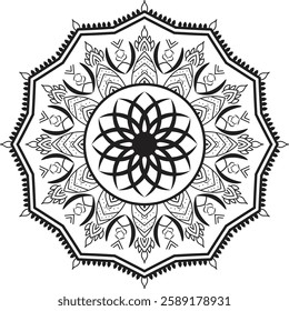 Elegant black and white mandala featuring intricate geometric and floral patterns, perfect for art prints, tattoos, and digital design