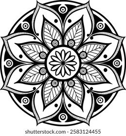 Elegant black and white mandala with fine line art and symmetrical patterns. Ideal for coloring pages, tattoo designs, bohemian decor, and mindfulness artwork. Available in vector and high-resolution