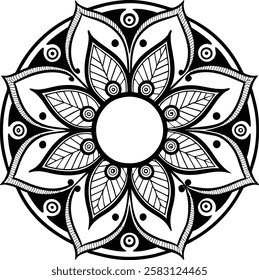 Elegant black and white mandala with fine line art and symmetrical patterns. Ideal for coloring pages, tattoo designs, bohemian decor, and mindfulness artwork. Available in vector and high-resolution