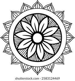 Elegant black and white mandala with fine line art and symmetrical patterns. Ideal for coloring pages, tattoo designs, bohemian decor, and mindfulness artwork. Available in vector and high-resolution