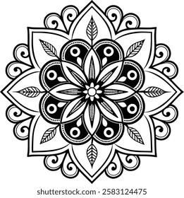 Elegant black and white mandala with fine line art and symmetrical patterns. Ideal for coloring pages, tattoo designs, bohemian decor, and mindfulness artwork. Available in vector and high-resolution