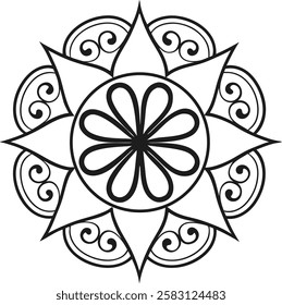 Elegant black and white mandala with fine line art and symmetrical patterns. Ideal for coloring pages, tattoo designs, bohemian decor, and mindfulness artwork. Available in vector and high-resolution