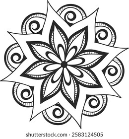 Elegant black and white mandala with fine line art and symmetrical patterns. Ideal for coloring pages, tattoo designs, bohemian decor, and mindfulness artwork. Available in vector and high-resolution