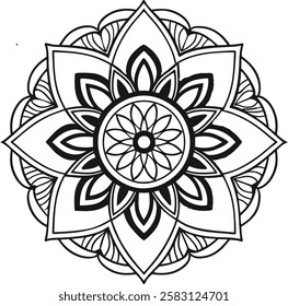 Elegant black and white mandala with fine line art and symmetrical patterns. Ideal for coloring pages, tattoo designs, bohemian decor, and mindfulness artwork. Available in vector and high-resolution