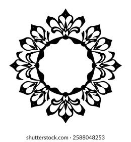 Elegant Black and White Mandala Floral Frame: Circular Symmetrical Pattern Design for Decorative Art, Vintage Ornament, and Vector Template