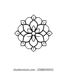 Elegant Black and White Mandala Flower Design: Geometric Floral Pattern, Abstract Line Art, Spiritual Symbol, Decorative Ornament, Cultural Illustration