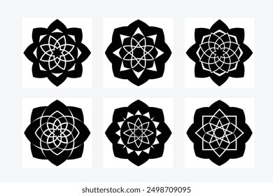 Elegant black and white mandala geometry principle silhouette vector art illustration set. Perfect for intricate and stylish designs, offering a modern and symmetrical artistic touch.
