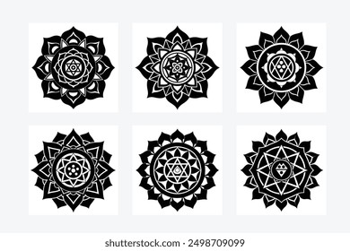 Elegant black and white mandala geometry principle silhouette vector art illustration set. Perfect for intricate and stylish designs, offering a modern and symmetrical artistic touch.