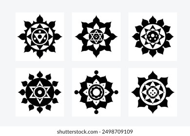 Elegant black and white mandala geometry principle silhouette vector art illustration set. Perfect for intricate and stylish designs, offering a modern and symmetrical artistic touch.