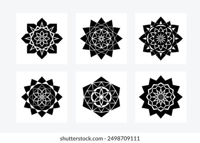 Elegant black and white mandala geometry principle silhouette vector art illustration set. Perfect for intricate and stylish designs, offering a modern and symmetrical artistic touch.
