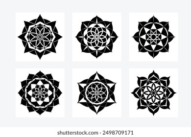 Elegant black and white mandala geometry principle silhouette vector art illustration set. Perfect for intricate and stylish designs, offering a modern and symmetrical artistic touch.