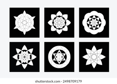 Elegant black and white mandala geometry principle silhouette vector art illustration set. Perfect for intricate and stylish designs, offering a modern and symmetrical artistic touch.