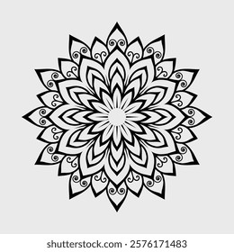 Elegant Black and White Mandala with Intricate Symmetrical Patterns and Floral Motifs for Mindfulness and Decorative Art