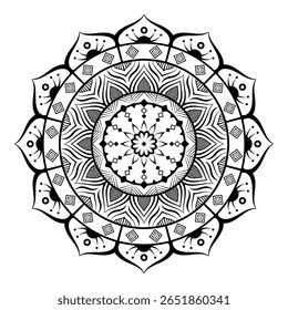 Elegant black and white mandala vector art featuring detailed petal patterns in perfect symmetry. Ideal for coloring pages, meditation art, tattoo inspiration, and mindfulness projects.