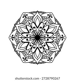 Elegante vetor de mandala preto e branco com simetria floral detalhada e arte de linha ornamental.Perfeito para livros de colorir, tatuagens, arte de parede, temas de ioga, desenhos espirituais, estampas e padrões sem costura.