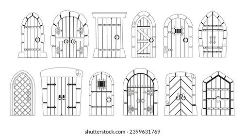 Elegant Black And White Medieval Doors Icons Exude Timeless Charm, Featuring Intricate Details, Outline Illustration