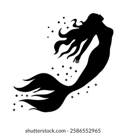 Elegant black and white mermaid silhouette with flowing hair and sparkling details. Perfect for tattoos, prints, fantasy designs, mystical themes, and ocean-inspired art.