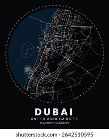 Elegant black and white minimalist vector map of Dubai, UAE. This high-resolution line-art design features the city's road network and layout in a clean, modern aesthetic. 