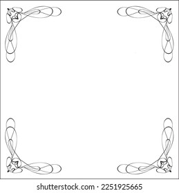Elegant black and white monochrome ornamental border, corners in art nouveau style for greeting cards, banners, invitations. Isolated vector illustration.  Oriental style.