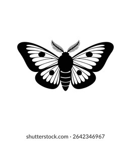Elegant black and white moth insect isolated on a clean white background for graphic design