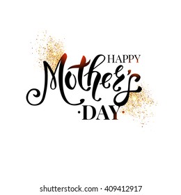 Elegant black and white Mothers Day card design with decorative text and gold glitter accents on a white background with copy space, vector illustration