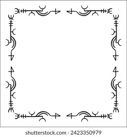 Elegant black and white ornamental frame with Viking runes, decorative border, corners for greeting cards, banners, business cards, invitations, menus. Isolated vector illustration.