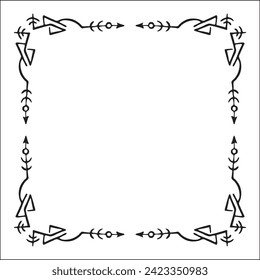 Elegante marco ornamental en blanco y negro con pistas de Viking, borde decorativo, esquinas para tarjetas de felicitación, banners, tarjetas de visita, invitaciones, menús. Ilustración vectorial aislada.