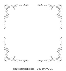 Elegant black and white ornamental frame with flowers, decorative border, corners for greeting cards, banners, business cards, invitations, menus. Isolated vector illustration.