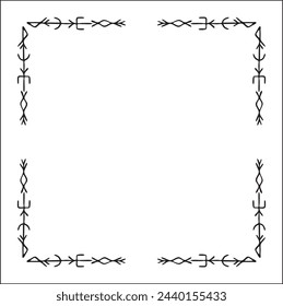 Elegante marco ornamental en blanco y negro con runas vikingas, borde decorativo, rincones para tarjetas de felicitación, pancartas, tarjetas de visita, invitaciones, menús. Ilustración aislada del vector.	
