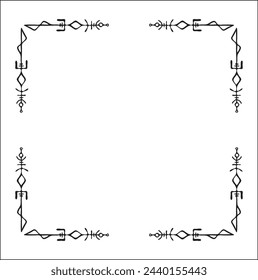 Elegante marco ornamental en blanco y negro con runas vikingas, borde decorativo, rincones para tarjetas de felicitación, pancartas, tarjetas de visita, invitaciones, menús. Ilustración aislada del vector.	
