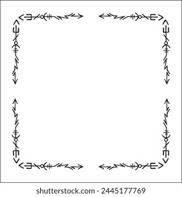 Elegant black and white ornamental frame with Viking runes, decorative border, corners for greeting cards, banners, business cards, invitations, menus. Isolated vector illustration.