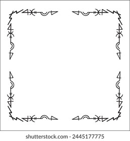 Elegante marco ornamental en blanco y negro con runas vikingas, borde decorativo, rincones para tarjetas de felicitación, Anuncios, tarjetas de visita, invitaciones, menús. Ilustración vectorial aislada.