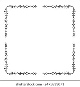 Elegant black and white ornamental frame with Viking runes, decorative border, corners for greeting cards, banners, business cards, invitations, menus. Isolated vector illustration.
