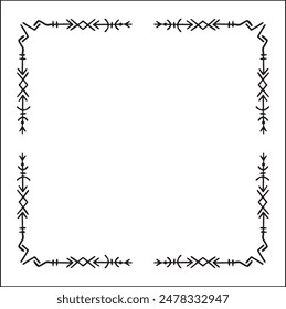 Elegante marco ornamental en blanco y negro con runas vikingas, borde decorativo, rincones para tarjetas de felicitación, Anuncios, tarjetas de visita, invitaciones, menús. Ilustración vectorial aislada.