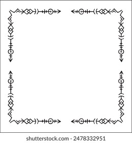 Elegant black and white ornamental frame with Viking runes, decorative border, corners for greeting cards, banners, business cards, invitations, menus. Isolated vector illustration.