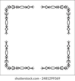 Elegant black and white ornamental frame with Viking runes, decorative border, corners for greeting cards, banners, business cards, invitations, menus. Isolated vector illustration.	