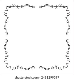 Elegant black and white ornamental frame with Viking runes, decorative border, corners for greeting cards, banners, business cards, invitations, menus. Isolated vector illustration.	