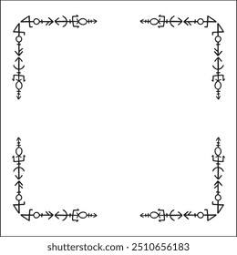 Quadro ornamental preto e branco elegante com runas viking, borda decorativa, cantos para cartões de saudação, banners, cartões de visita, convites, menus. Ilustração isolada de vetor.	
