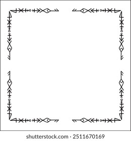 Quadro ornamental preto e branco elegante com runas viking, borda decorativa, cantos para cartões de saudação, banners, cartões de visita, convites, menus. Ilustração isolada de vetor.	
